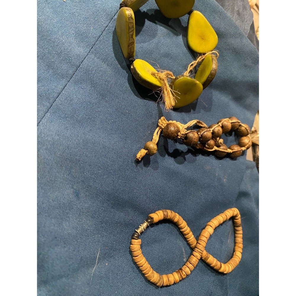 Boho Wood and Banana Green Beaded Bracelets Rustic Earthy Set of 3 Unbranded